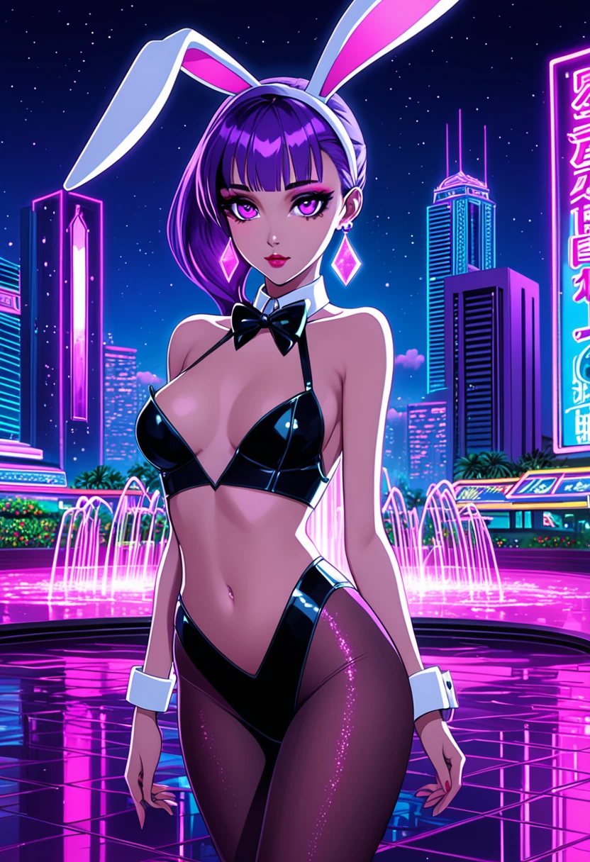 Art styles: very aesthetic, dramatic lighting, 3000K lighting, synthwave, anime, cyberpunk; view: from side; character: morrigan aensland; appearance: long purple hair, masterpiece purple eyes, detailed large eyes pupils, Slender hips, slim stomach, thin waist, medium teardrop-shaped breasts, slim body, soft gradient two-tone hair; clothing: beach bikini, topless; Accessories: sparkly diamond small earrings, makeup; bg: large illuminated fountain, skyscraper roof, panoramic view, deep night city, hawaii, decorations neon lights, translucid lights, green ornamental plant, side lighting;