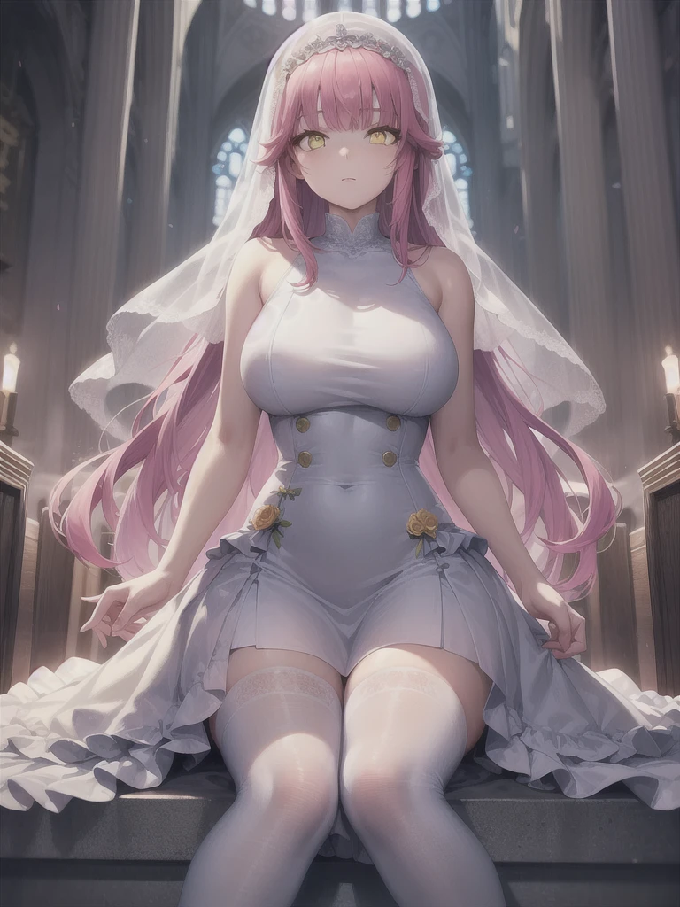 A girl，Long hair, Bangs, Pink Hair, Hair between the eyes, (Yellow eyes:1.5),  (Large Breasts:1.2), 
rest  锁骨, Wedding dress，veil，wedding，White Dress，Flowers，The skirt is broken，White socks，Tights，White knee socks，
Looking at the audience, whole body,Put your hands in front of you，手拿Flowers，
indoors, church，permanent，permanent，
rest (masterpiece:1.2), best quality, high resolution, Unity 8K wallpaper, (illustration:0.8), (Beautiful and delicate eyes:1.6), Extremely detailed face, Perfect lighting, Extremely detailed CG, (Perfect hands, Perfect anatomical structure),