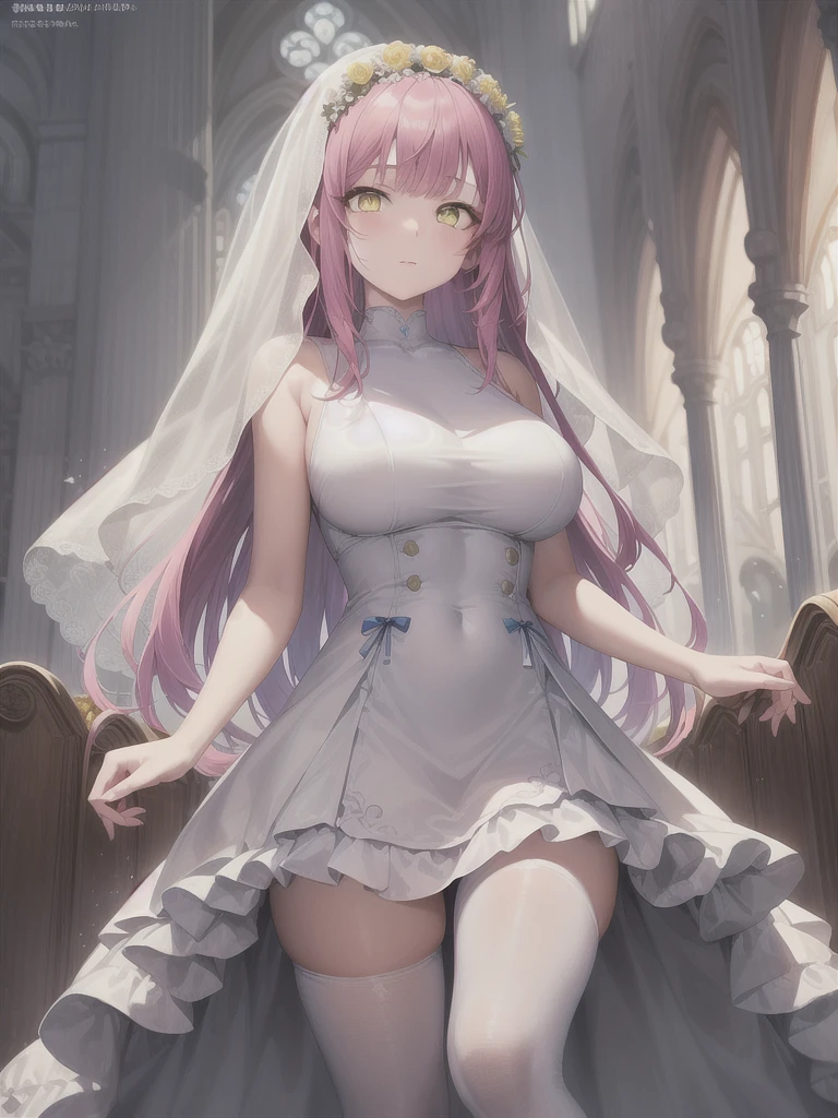 A girl，Long hair, Bangs, Pink Hair, Hair between the eyes, (Yellow eyes:1.5),  (Large Breasts:1.2), 
rest  锁骨, Wedding dress，veil，wedding，White Dress，Flowers，The skirt is broken，White socks，Tights，White knee socks，
Looking at the audience, whole body,Put your hands in front of you，手拿Flowers，
indoors, church，permanent，permanent，
rest (masterpiece:1.2), best quality, high resolution, Unity 8K wallpaper, (illustration:0.8), (Beautiful and delicate eyes:1.6), Extremely detailed face, Perfect lighting, Extremely detailed CG, (Perfect hands, Perfect anatomical structure),