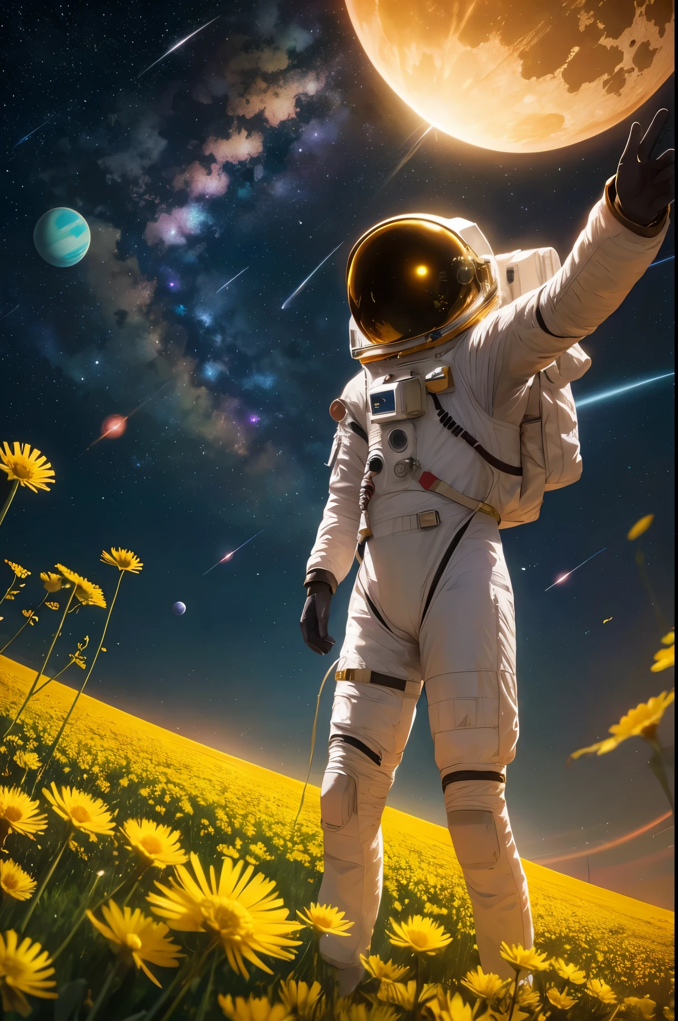 A captivating image of Lana Del Ray transformed into a futuristic space astronaut. She dons a sleek, silver astronaut suit with a transparent helmet, displaying her iconic hairstyle and makeup. Her hands are on the controls of a spaceship's console, with a vast, star-filled universe behind her. The overall ambiance of the image exudes a sense of wonder and exploration, blending the worlds of music and space travel.