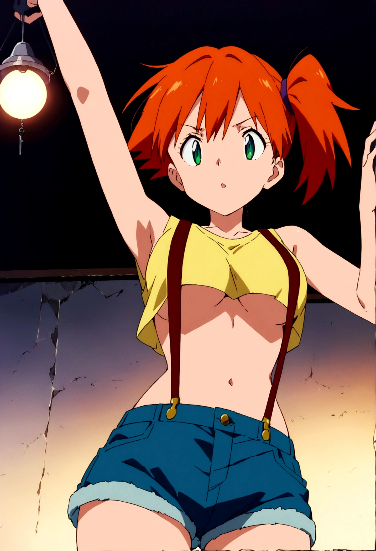 score_9,score_8, score_7_.superior, (from below:1),low angle,(Insect's Eye).,  (mature) , (outcome), One girl, , , Outdoor, Green Eyes, Orange Hair, Side Ponytail, Yellow Shirt, Sleeveless shirt,belly button, Denim shorts, suspenders,  Captivating look, Seductive expressions),under_boob,(arms up,arms behind head,),great lighting,  perfect hands, detailed shadows,anime artwork, anime style, key visual, vibrant, studio anime,
highly detailed,  anime coloring, masterpiece, best quality,
best aestethic, absurdres,
