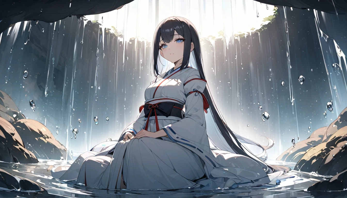 A Japanese shrine maiden meditates in a beautiful and mysterious cave dripping with water drops.