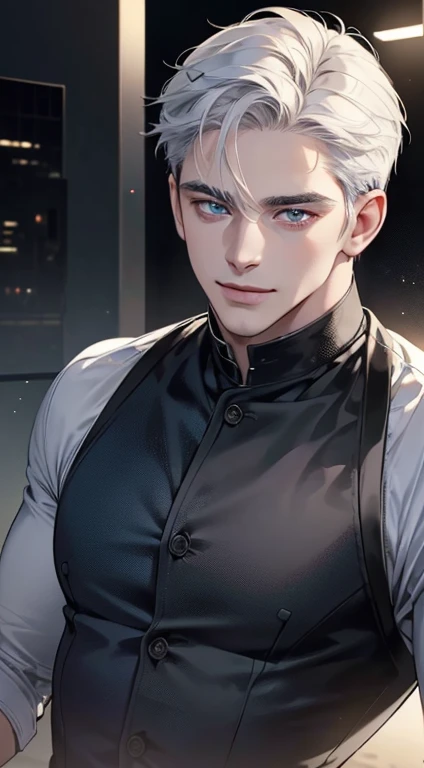 (best quality, masterpiece, 8K, photorealistic, cinematic lighting, hdr image, ultra detailed, beautiful image), 1 man, 31 years old, mature man, very handsome, (without expression, smile), short white hair, blue eyes ( penetrating gaze), perfect face without errors, imposing posture, without errors, businessman, office background