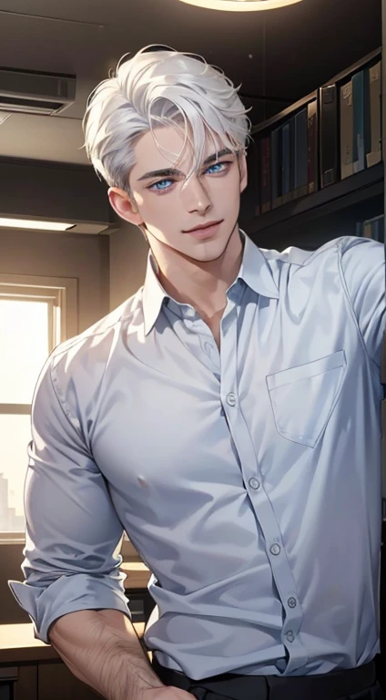 (best quality, masterpiece, 8K, photorealistic, cinematic lighting, hdr image, ultra detailed, beautiful image), 1 man, 31 years old, mature man, very handsome, (without expression, smile), short white hair, blue eyes ( penetrating gaze), perfect face without errors, imposing posture, without errors, businessman, office background