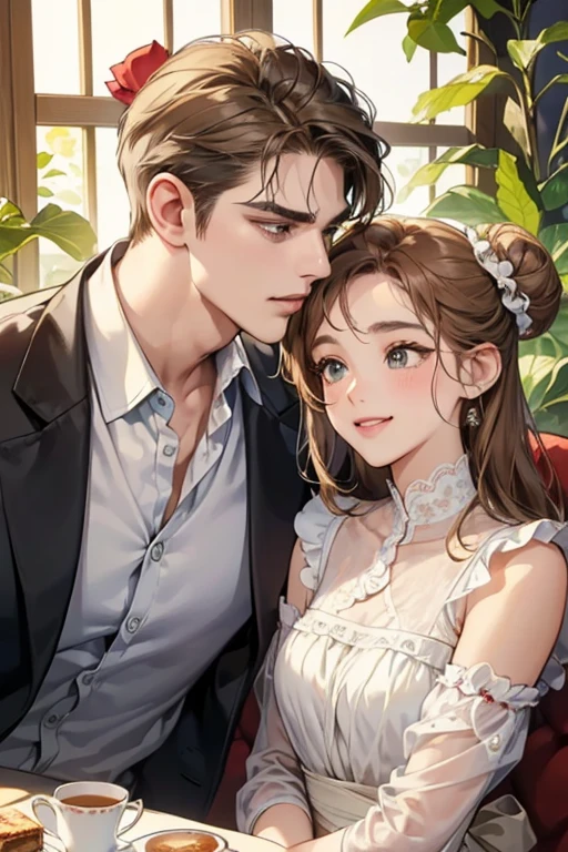 (table top, digital illustration, 4k, 8k, Super detailed, beautiful images, clear image, perfect face, perfect lines, perfect eyes, soft lighting) 1 female, (light brown hair,bun hair,innocent look,droopy eyebrows,droopy eyes、With a round face,round chin、innocence,cute,Big eyes,natural makeup,smile gently,E cup,23 years old:1.3),Two handsome men in suits, (human,man in suit,muscular,solid shoulder width, boyish hairstyle,A man in his 30s with a cool expression,28 year old man with a bright smile:1.2),garden full of light、lots of flowers、Squirting、colorful flower light,(embarrassing,shy smile:1.2),resort sofa,kiss、カップルkiss、romance porn、couple of man and woman looking at each other、In battle、Afternoon tea、lunch