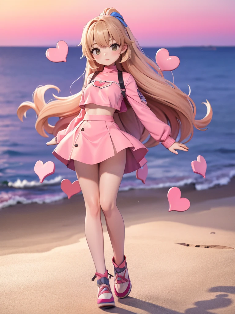 Seizo Watase style, Simple Line Initialism，Abstract art, 3d character, colorful hearts ,(((The most beautiful girl of all time))),  (full body 1.2), only girl, long hair, sea background, 18 year old, full body, (((8k))), ((3d))), pink code, 3 hole crop top, brown light hair, turtleneck, parted hair