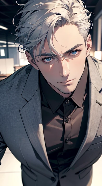 (best quality,4k,8k,highres,masterpiece:1.2),ultra-detailed,(realistic,photorealistic,photo-realistic:1.37),1 man,31 years old,mature man,very handsome,without expression,smile,short grey white hair,blue eyes,penetrating gaze,perfect face without errors,imposing posture,businessman,office background,cinematic lighting,hdr image