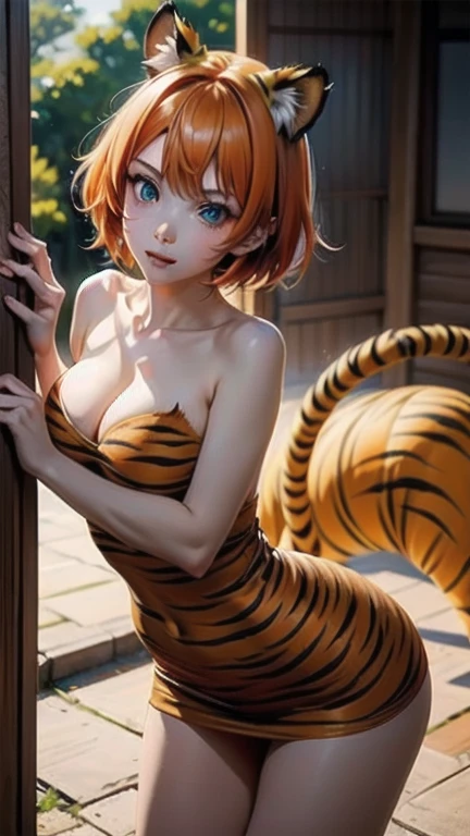 One girl, (masterpiece), Highest quality, Expressive eyes, Perfect Face, Anime girl with orange hair and cat tail, ((Tiger)), Very Beautiful Anime Cat Girl, Tiger skin, Anime characters, Anime Female Art, Tiger, Cute cat anime visuals, Wearing a skimpy dress, Tiger stamp revealing dress, Medium sized breasts