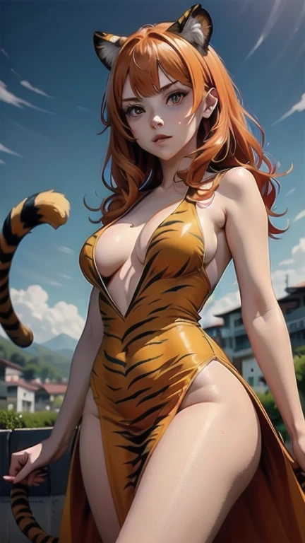 One girl, (masterpiece), Highest quality, Expressive eyes, Perfect Face, Anime girl with orange hair and cat tail, ((Tiger)), Very Beautiful Anime Cat Girl, Tiger skin, Anime characters, Anime Female Art, Tiger, Cute cat anime visuals, Wearing a skimpy dress, Tiger stamp revealing dress, Medium sized