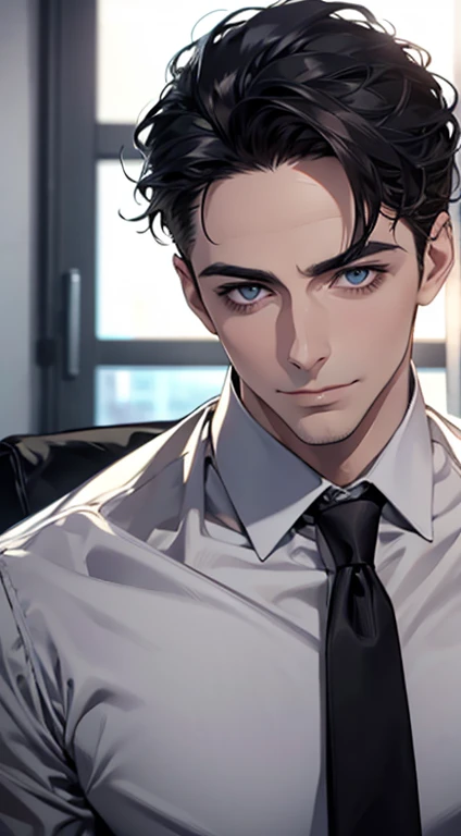 (best quality,4k,8k,highres,masterpiece:1.2),ultra-detailed,(realistic,photorealistic,photo-realistic:1.37),1 man,31 years old,mature man,very handsome,without expression,smile,short grey black hair,blue eyes,penetrating gaze,perfect face without errors,imposing posture,businessman,office background,cinematic lighting,hdr image
