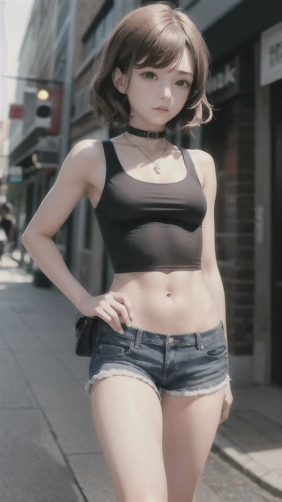 ((medium breast, tomboy girls, small head)), daylight, sunlight, (chiseled abs : 1.1), (perfect body : 1.1), (short wavy hair : 1.2) , auburn hair, collar, chain, full body shot, crowded street, wearing black tanktop, jeans jacket, ((shorts)), (extremely detailed CG 8k wallpaper), (an extremely delicate and beautiful), (masterpiece), (best quality:1.0), (ultra highres:1.0),  beautiful lighting ,perfect lightning, realistic shadows, [highres], detailed skin, ultra-detailed 
