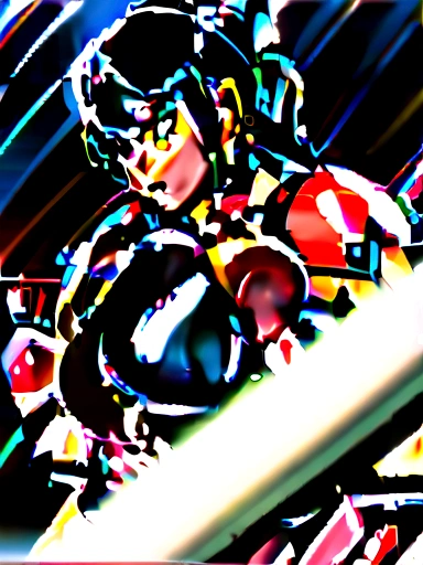 Wrestling woman, brown skin, short black hair, angry face, short red thong, in fighting position, boxing ring stage, huge breasts