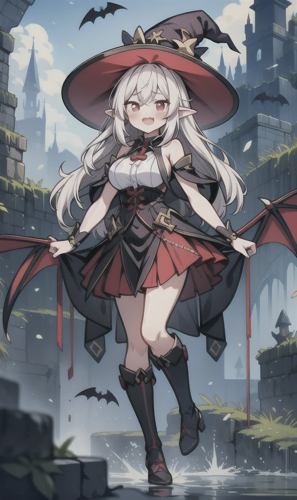 8K,  1girl, adult, kawaii witch, white long hair, red eyes, showing fangs, bat wings, smile, (blush), (shy), pointed ears, looking at viewer,  dynamic angle, wind, game cg, fantastic scenery, big breast, show full body, magical girl, dungeons, summon, maho shojo, Gushing Over Magical Girls, white hair, red eyes, witch hat