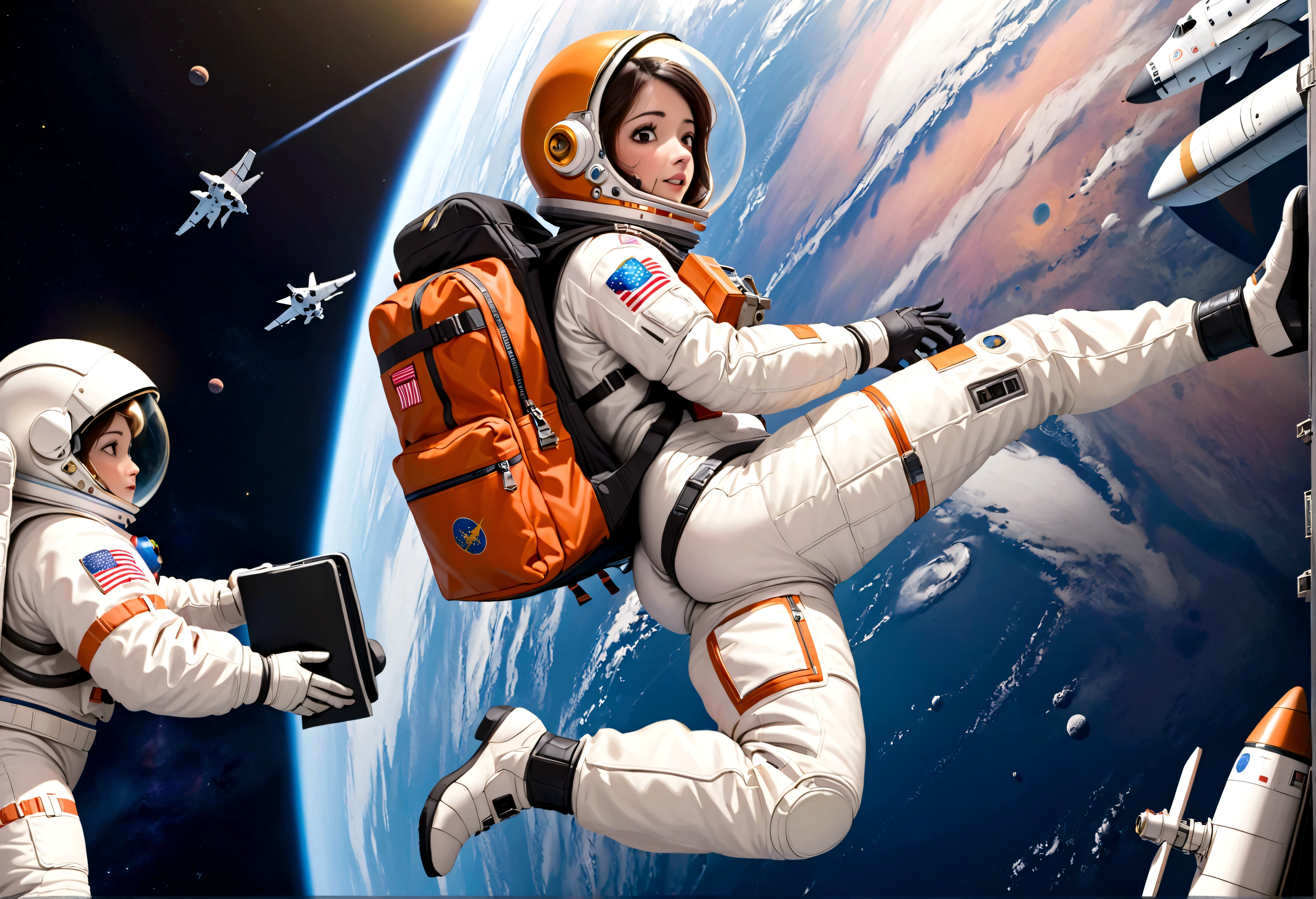 a highly detailed and realistic astronaut in a retro 80s style space suit with a maneuvering thruster backpack, standing outside a space shuttle, a detailed alien spaceship, an alien creature flying towards the astronaut, cinematic lighting, dramatic sci-fi atmosphere, vibrant colors, photorealistic, masterpiece
