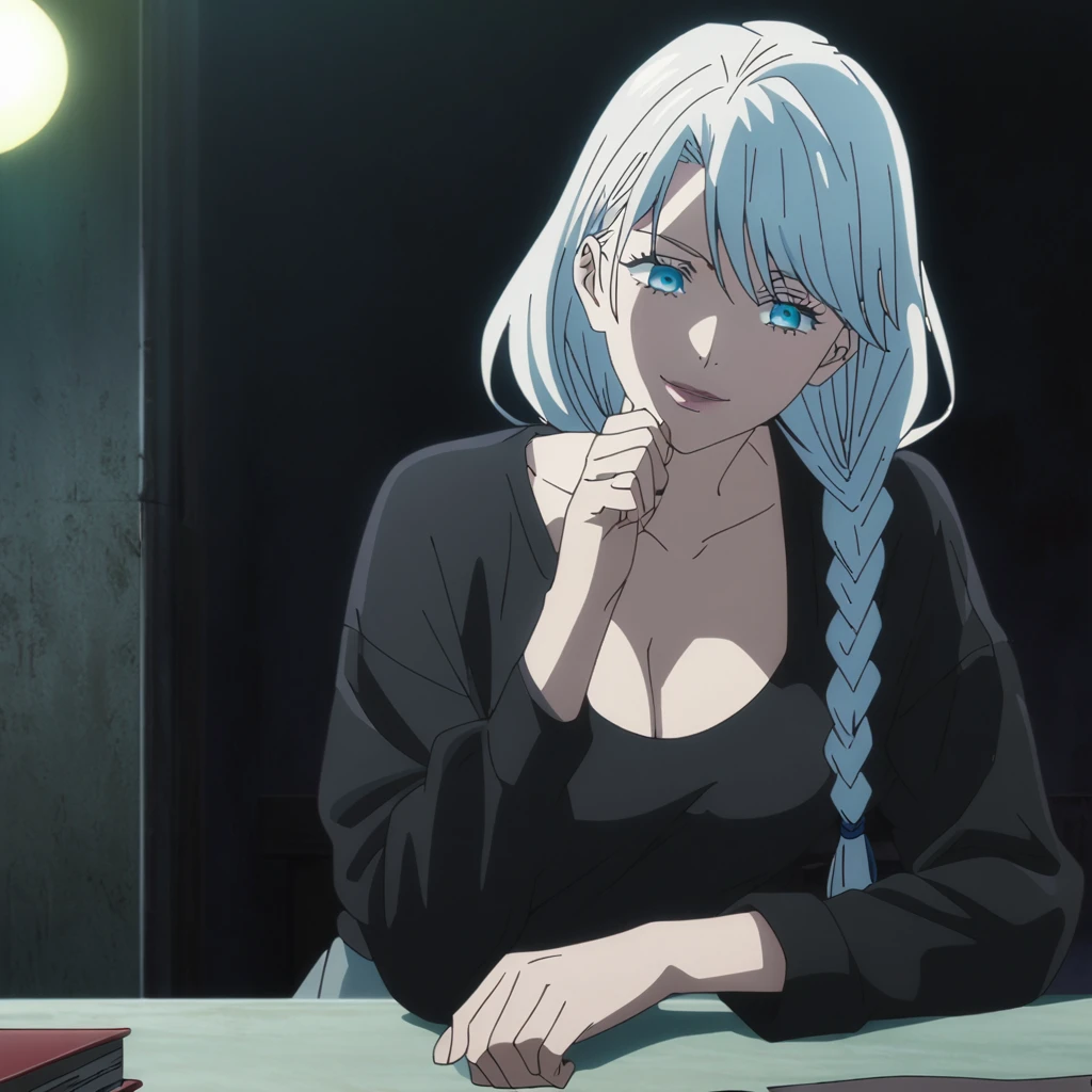 1girl, female gojo satoru, anime screencap from jujutsu kaisen, gojo satoru female version, solo, long_hair, ((single braid)) blue eyes, ((very long white_hair and single braid)), night view, breasts, upper_body, smile, indoors, book, bangs, blue_eyes, lips, (wearing round sunglasses) (long hair, swept bangs)) wearing black color shirt, breast, "very detailed and high resolution" (blue eyes) ((one hand on the chin))  ((smooth texture hair)) ((solo)) ((high resolution)) ((full body)) (Good quality)  cleavage, ((white hair)) ((hair braid))