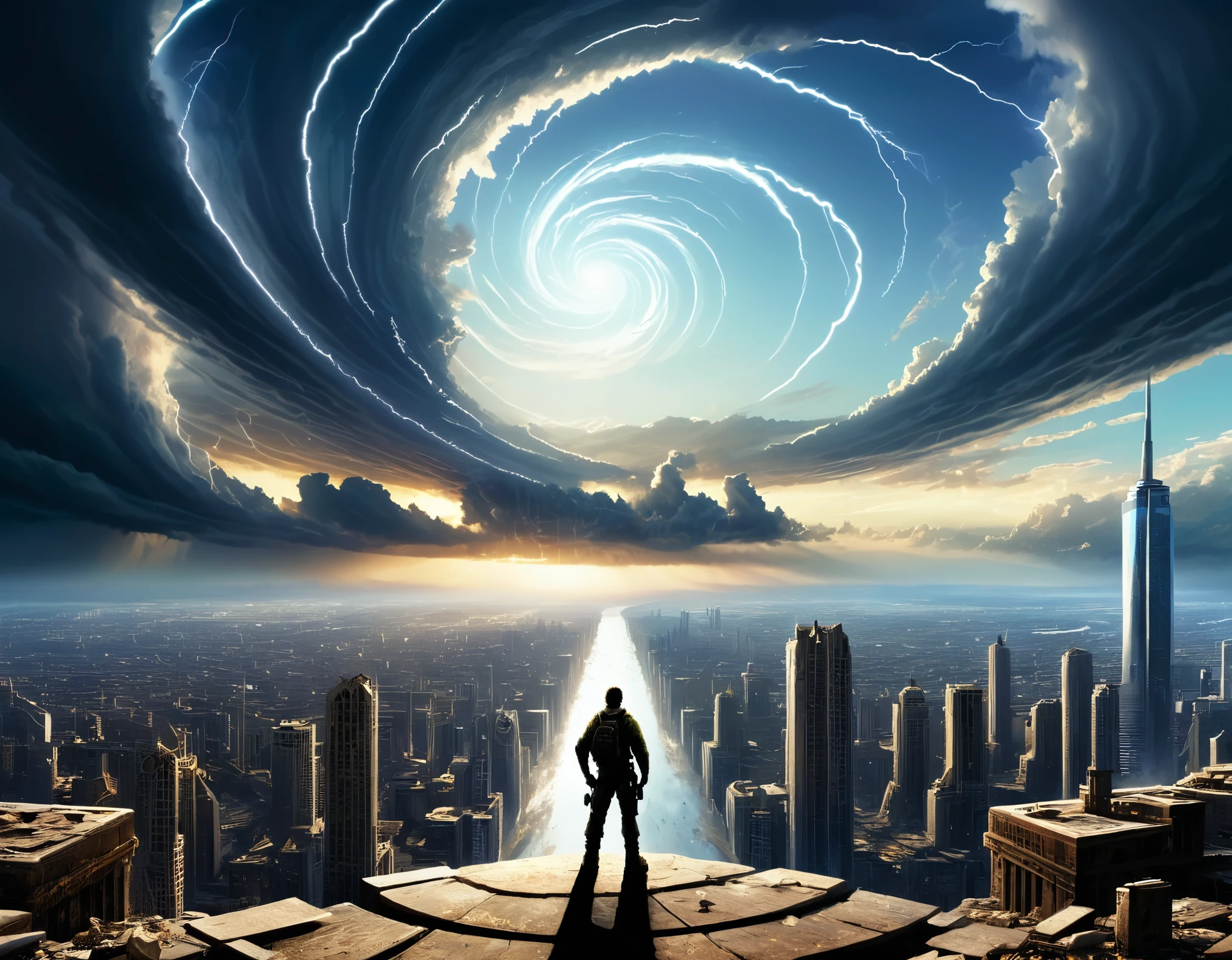 In a post-apocalyptic world, remnants of a once-great city lie in ruins. A lone survivor stands atop a skyscraper, gazing at the horizon where a colossal storm of swirling dark energy approaches.