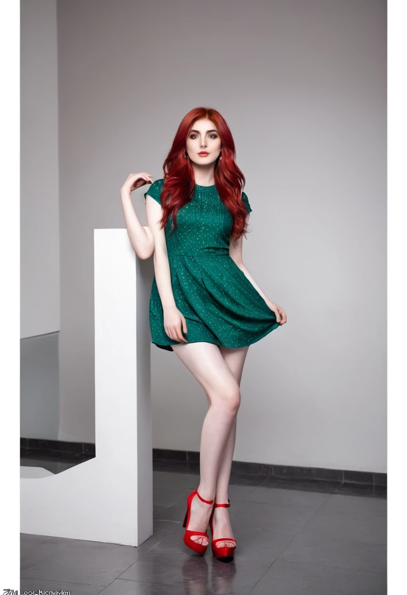 Instagram photo of a 26 yo pakistani girl (Height =5 feet 10 inch weight = 50Kg) with pale skin, red hairs, wearing a mini dress