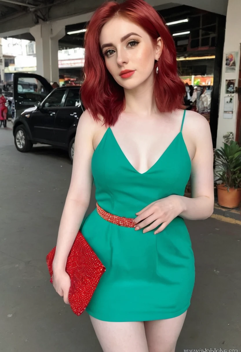 Instagram photo of a 26 yo pakistani girl (Height =5 feet 10 inch weight = 50Kg) with pale skin, red hairs, wearing a mini dress