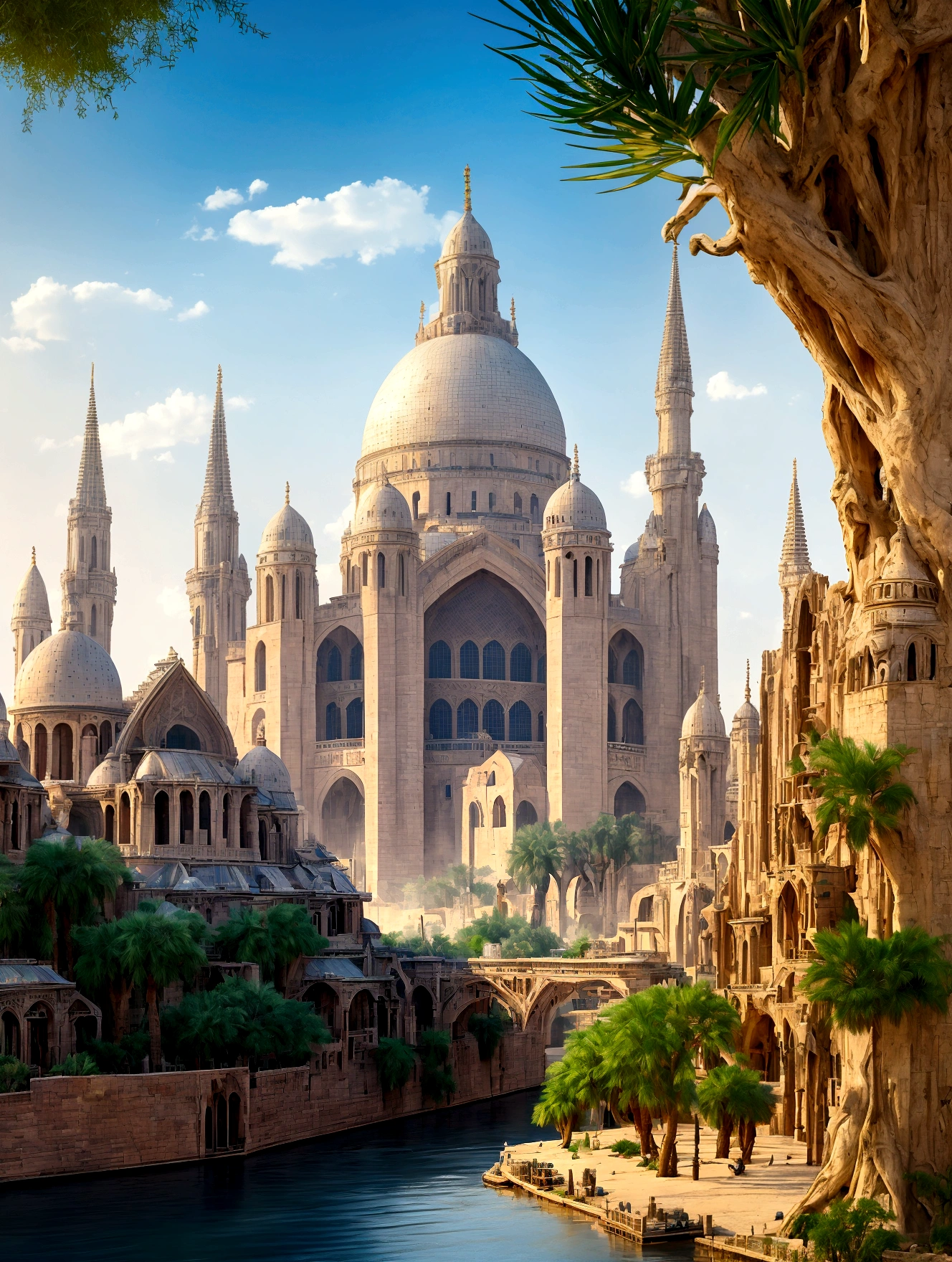 In the heart of the desert, ancient whispers echo through the gleaming spires of an shiny white city that defies time. The city is filled with beautiful intricate and interconnected canals and a lush exuberant vegetation, closeup view.