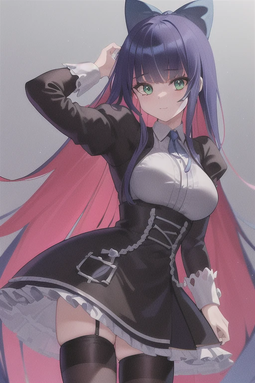 ((extreme detail)),(ultra-detailed),(painting), chiaroscuro, extremely detailed CG unity 8k wallpaper, best quality, anarchy stocking, gothic dress, hair bow, black striped thighhighs, leaning forward, looking up, adjusting hair, simple background looking at standing