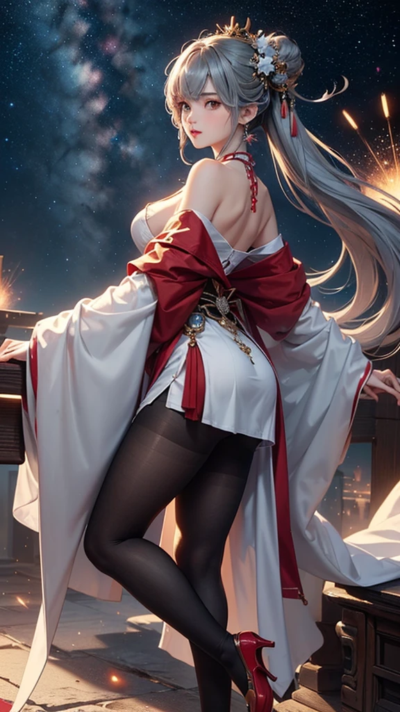 Create a character with white hair, smooth, falling to her waist
