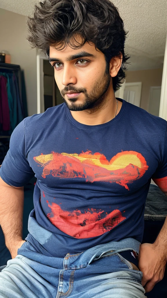 sagging, indian man, jeans, t-shirt, boxers, stubble,( handsome face), detailed eyes, messy hair, cinematic , handsome man