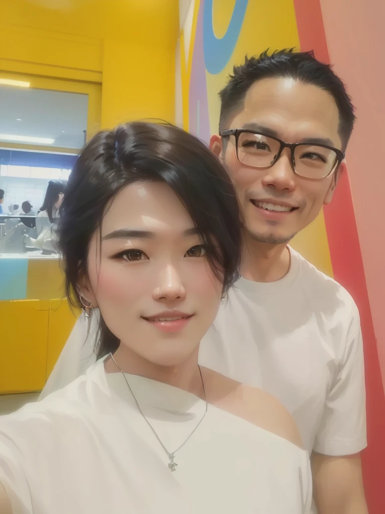 AI big breasts_human Asian male性 male wild Short Hair short hair Plain white T-shirt Hug her looking at the camera smile holding credit card