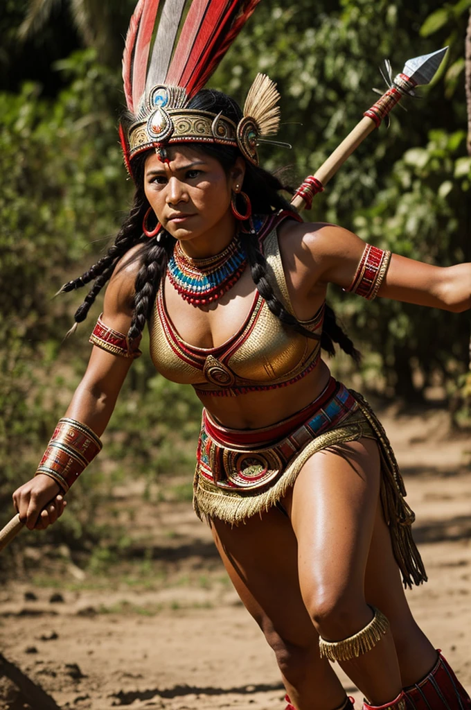 (((virtually naked female aztec warrior))), running through an amazon rainforest, holding a spear, angry, light shining through the trees, skirtlift, atmospheric, (natural female pubic hair:0.6), punk makeup, indoors, dramatic lighting, cinematic, detailed textures, bokeh, natural lighting, photo realistic, 4k uhd, dslr, soft lighting, high quality, Fujifilm XT3