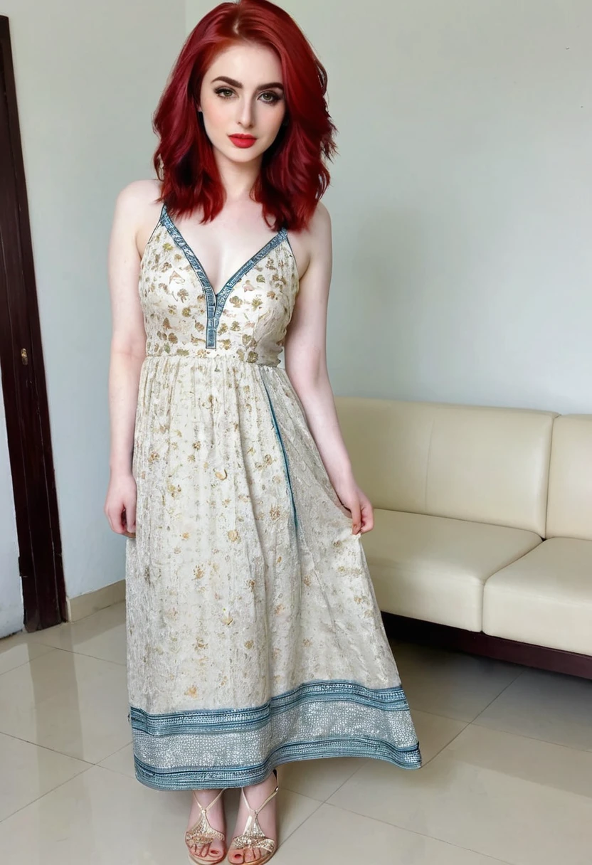 Instagram photo of a 26 yo pakistani girl (Height =5 feet 10 inch weight = 50Kg) with pale skin, red hairs, wearing a seductive dress