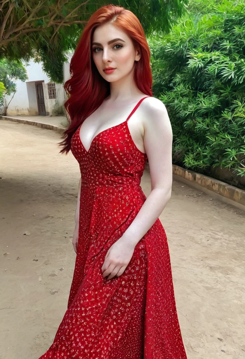 Instagram photo of a 26 yo pakistani girl (Height =5 feet 10 inch weight = 50Kg) with pale skin, red hairs, wearing a seductive dress