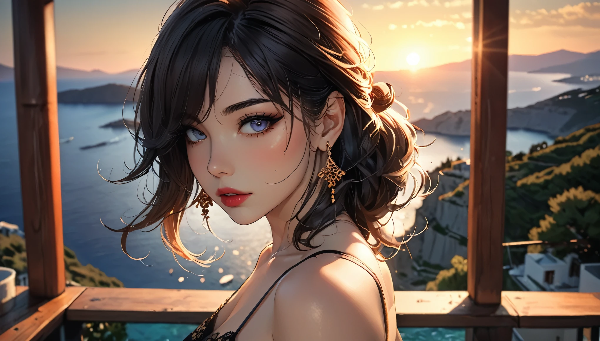 (Adult, portrait:1.2), (Japanese cartoon), (Greece:1.3), Sunset, (photography), Greece海島的海濱別墅, Brown long straight hair, Long bangs cover the eyes, Long eyelashes, [[Small Eyes]], (Lipstick), [Dark eyeshadow], A faint smile, Slim, Big breasts，Slender limbs, Bare shoulders, Black skirt, Spaghetti Strap Lace Dress, (Beautiful and delicate eyes, Beautiful and delicate lips, Extremely detailed eyes and face:1.3), Seductive female pose, Vibrant colors, Warm colors, Soft Light, (best quality, 4K, high resolution, masterpiece:1.2), (Very detailed, High Dynamic Range, Vibrant colors), (landscape, Concept Artist), Japanese Manga, Hojo style, Overclocking Renderer, CG art, (Detailed background)
