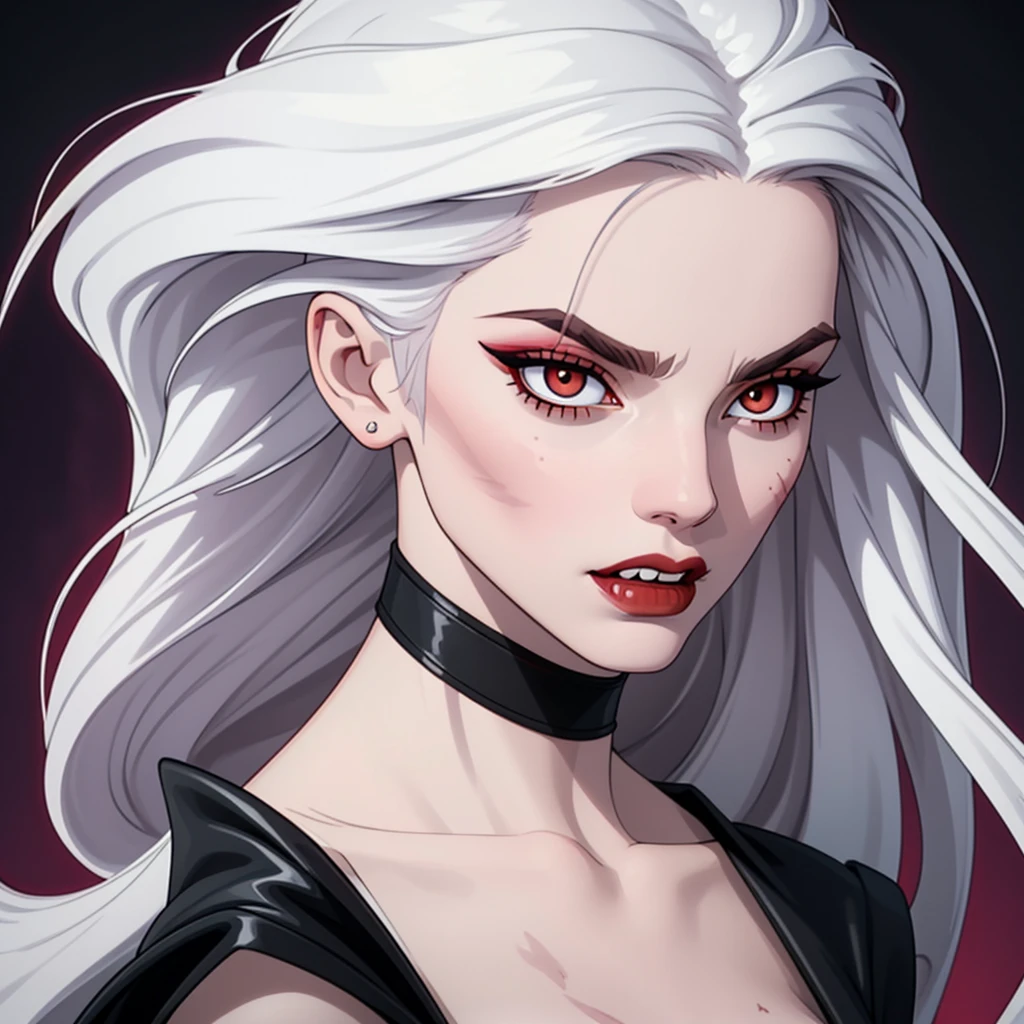 1:1 vampire girl, better_scar, veins, burn scar, scar on nose, white hair, long hair, blunt bangs, serious, vampire, pale skin, lipstick, lips, red lips, big breasts, eyeliner, bra, fangs ((solo half body portrait) high quality ((HD)) beautiful, sexy