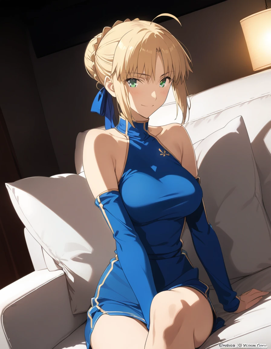 best quality, amazing quality, very aesthetic, 1girl, saber, fate/stay night, 1girl, Artoria_Pendragon, fate/stay night, , (artist official art:1.5), single french braid bun hair, ahoge_hair, green eyes, large breasts, jitome, cinematic light, official_blue_outfit, sit_on_sofa, on the family room, happy, smile, blush, night, looking_at_viewer, oily_skin, sexy, from_front