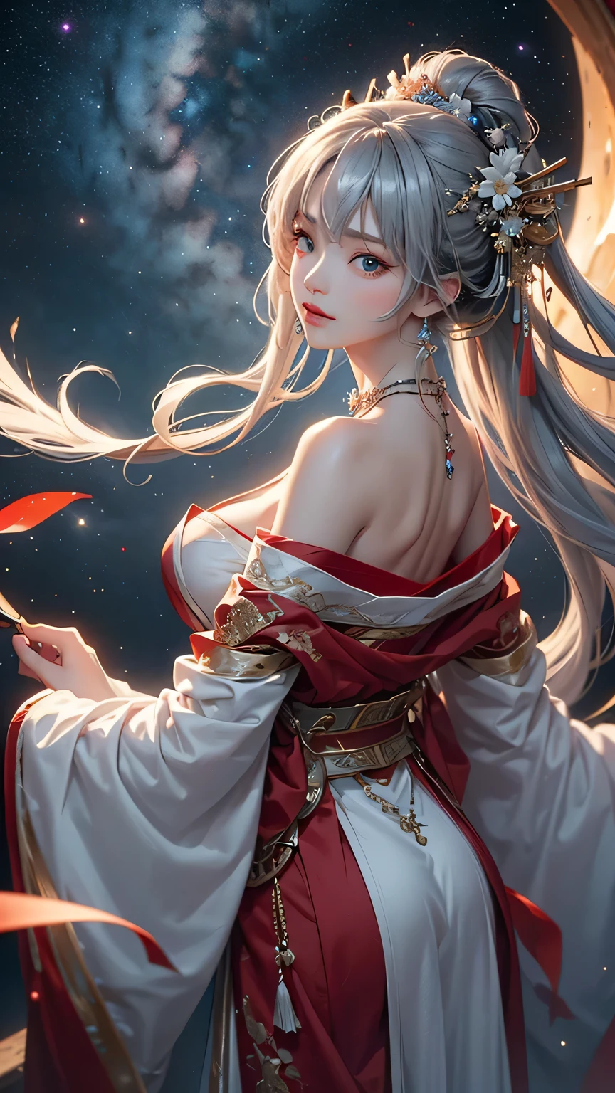 (masterpiece:1.5, Highest quality, Very detailed、 Dutch Angle、Semi-realistic、Fantasy)(One Girl, alone)(Silver Hair:1.6,,Straight Long Hair)(Wearing Han clothes, Royalty、White and red Hanfu:1.5,Thick fabric,Long sleeve)、((Off the shoulder、medium breasts, Beautiful cleavage、ruby ​​necklace))(from backside),(Beautiful starry sky、Mystical Night、Particles of light float around the woman、Fantastic space)
