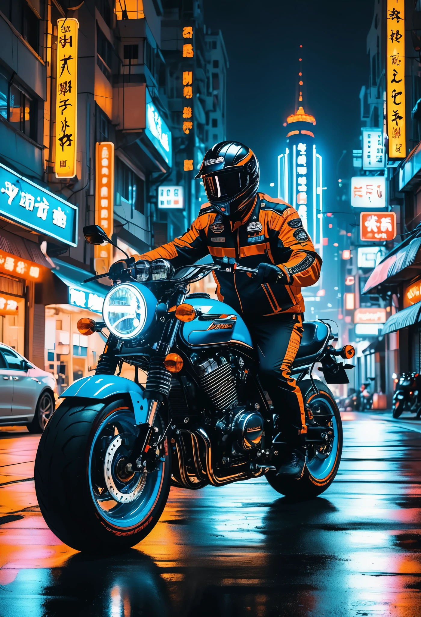 (motorcycle), On the city streets at night, Asian rider in black leather jacket riding dazzling custom Harley Davidson motorcycle. Car lights pierce the darkness, The tire rubs against the ground, Let out a low roar. The background is a neon city night scene, whole body, (photography), panoramic, The award-winning, Stills, emotion, Vignette, Dynamic, vivid, (masterpiece, best quality, professional, Perfect composition, very aesthetic, absurdes, Extremely detailed, Intricate details:1.3)