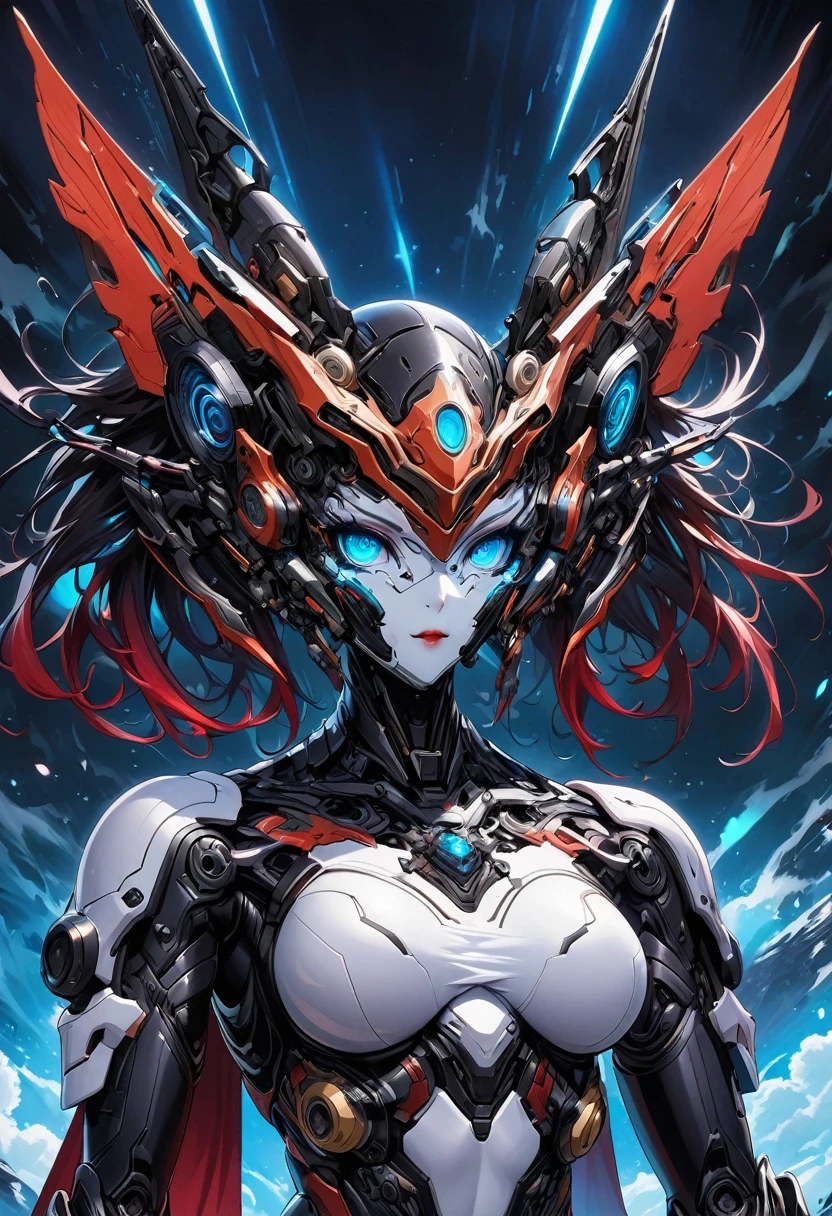 (Dark Environment: 2.0) Closed room, a girl armor with intoxicating curves, enchanting charm, and plump breasts, with a high degree of anthropomorphism, the armored body is a body with female human signs, the female human body is wearing a white one-piece rubber suit, the armor color is white, the armor surface is decorated with random symmetrical blue gemstones, the character's face is replaced with a mechanical, the vivid mechanical face is cute, the mecha is parasitized by red mechanized octopus tentacles, the mechanical tentacles and the host body are perfectly integrated, The mechanical tentacles are perfectly integrated with the host organ, the armored whole body has obvious tentacle features, the clothing on the chest is replaced by three-point underwear formed by the winding of mechanical tentacles, the white chest that exposes human signs, the clothes of the butt are replaced by thongs formed by the winding of mechanized tentacles, the white lower abdomen that exposes human signs, the armor back has 4 red and white mechanized tentacles, the tentacles hang straight down, there are no extra tentacles around the character, there are many small flying robots next to the character, only one armor is rendered, and there is no other armor in the picture,