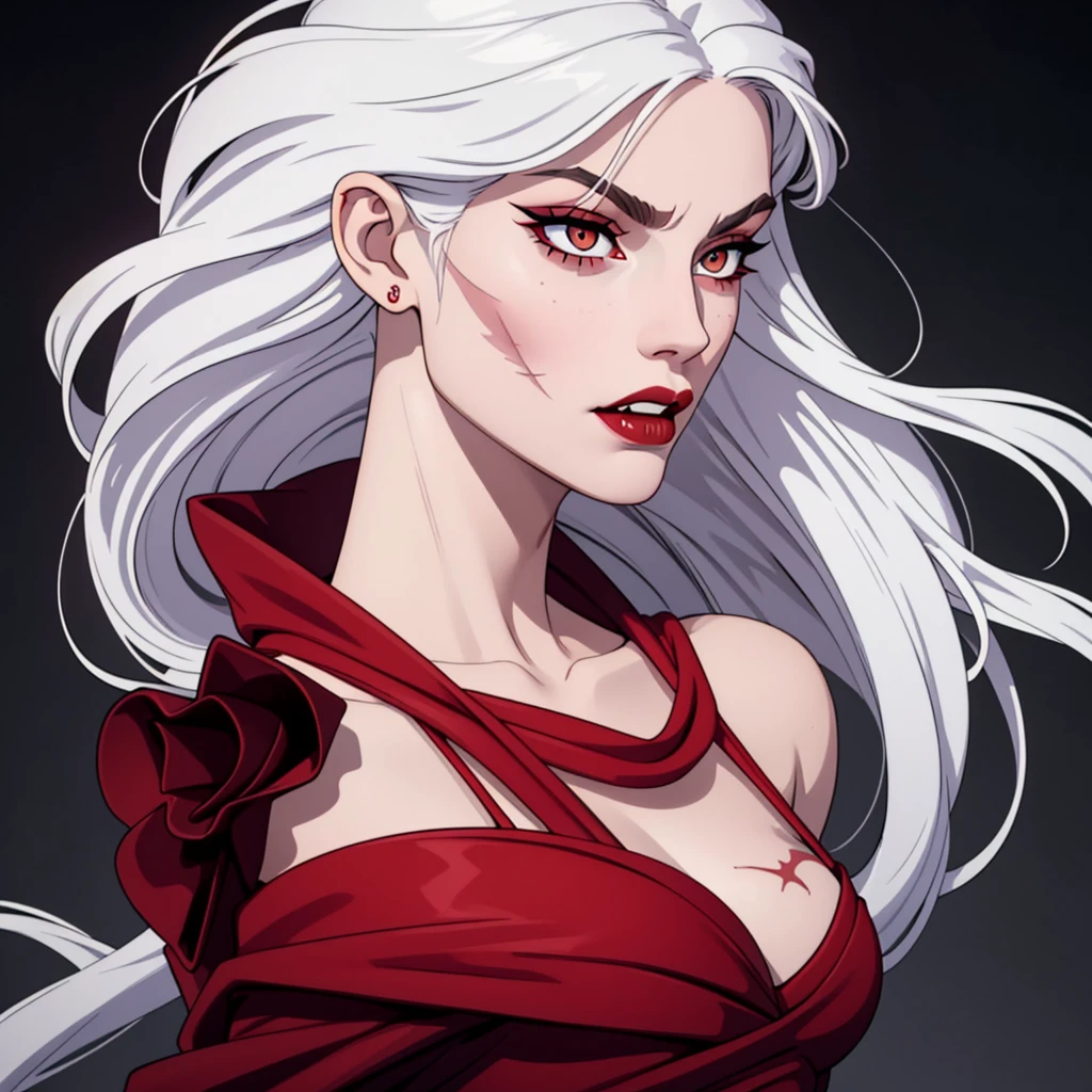 1:1 vampire girl, better_scar, veins, burn scar, scar on nose, white hair, long hair, blunt bangs, serious, vampire, pale skin, lipstick, lips, red lips, big breasts, eyeliner, bra, fangs ((solo half body portrait) high quality ((HD)) beautiful, sexy