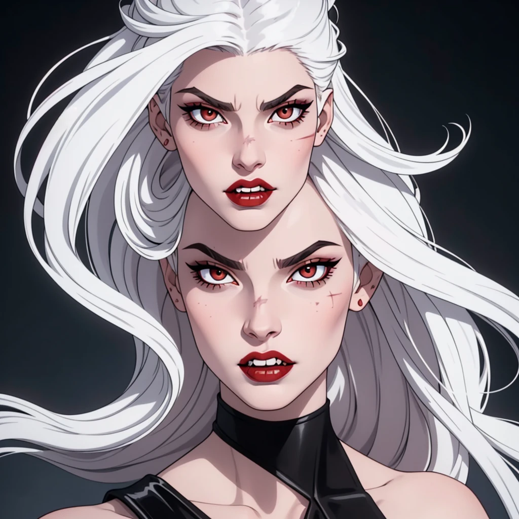 1:1 vampire girl, better_scar, veins, burn scar, scar on nose, white hair, long hair, blunt bangs, serious, vampire, pale skin, lipstick, lips, red lips, big breasts, eyeliner, bra, fangs ((solo half body portrait) high quality ((HD)) beautiful, sexy