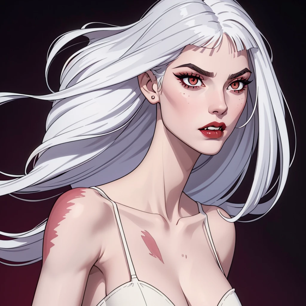 1:1 vampire girl, better_scar, veins, burn scar, scar on nose, white hair, long hair, blunt bangs, serious, vampire, pale skin, lipstick, lips, red lips, big breasts, eyeliner, bra, fangs ((solo half body portrait) high quality ((HD)) beautiful, sexy