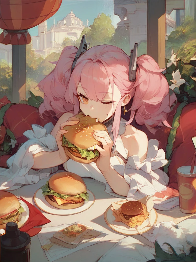 Pink hair, Eating a hamburger, Azur Lane Score_8_superior  