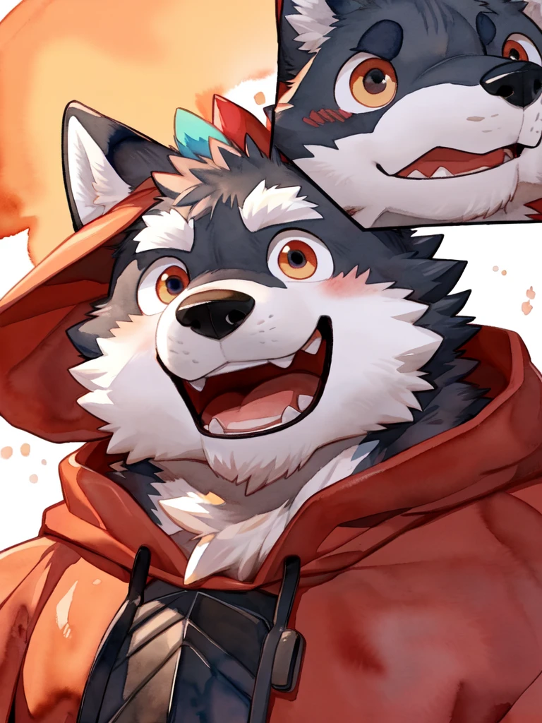 Scribble wolf face, ((cute)), anthro(wolf), (gray-black fur:1.2), comic style, white beard, white belly, (knight costume, long red cherry cloak), (close up:1.5), by takemoto arashi, by kamyuel, by milkytiger1145, by 96panda, generous smile, happy, open mouth, (watercolor \(medium\), IrisCompiet:1.2),front view, face focus, abstract background, fantasy, many colors, colorful, 
embarrassed face