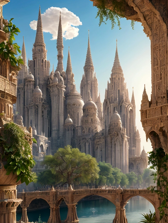 In the heart of the desert, ancient whispers echo through the gleaming spires of an shiny white city that defies time. The city is filled with beautiful intricate and interconnected canals and a lush exuberant vegetation, closeup view.