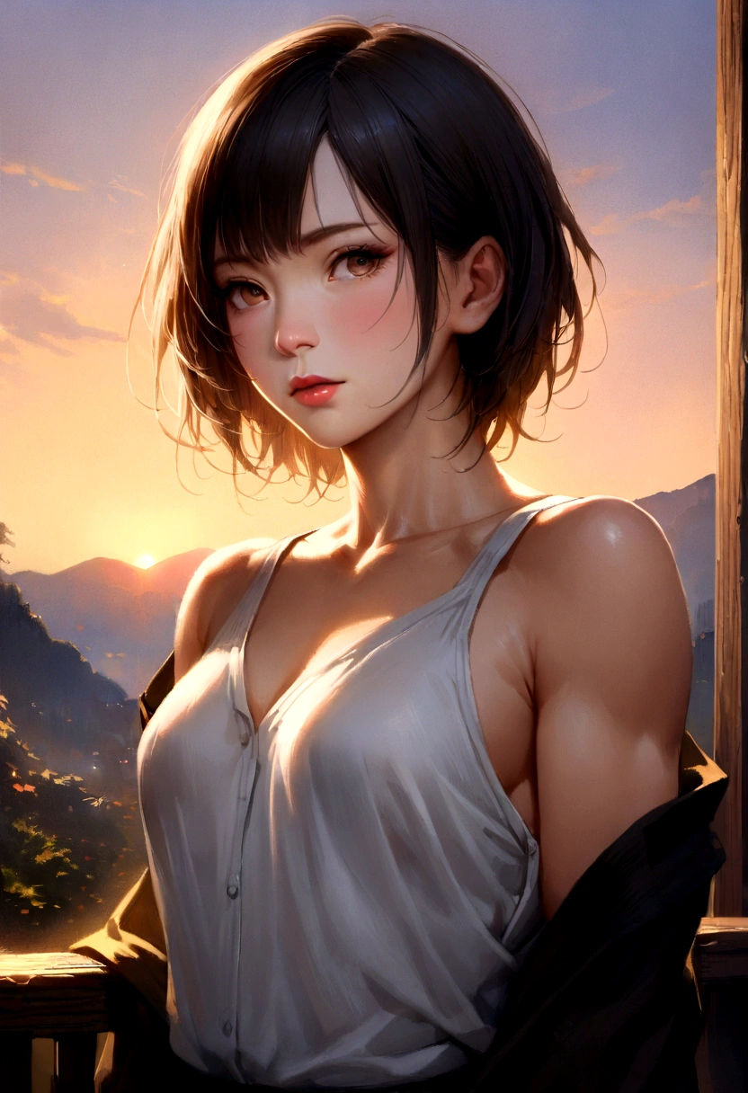 photo of mlp Meowko, RAW, beautiful woman, ((portrait)), ((detailed face:1.2)), ((anime face, anime facial feature, clear skin, glossy anime lips, clear skin), (short messy lesbian haircut, brunette: 1.55), (perfect proportioned body, Strong, muscular, narrow waist, narrow hips, skinny, large breasts), (she wears very torn shirt and denim shorts, shirt in tatters, sweating through, sun rising, Nice warm colors: 1.22), (detailed mountainous background:1.1), valley, overlooking waterfall, (realistic photo, best quality, detailed), (8k wallpaper), (cinematic lighting, beautiful light, (sunset:1.3)) (sharp focus, intricate)