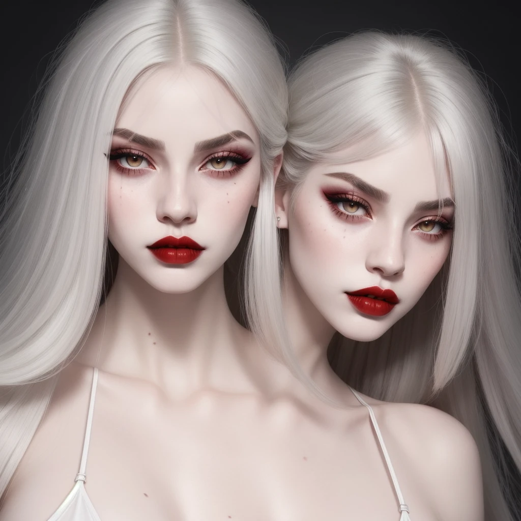 1:1 vampire girl, better_scar, veins, burn scar, scar on nose, white hair, long hair, blunt bangs, serious, vampire, pale skin, lipstick, lips, red lips, big breasts, eyeliner, bra, fangs ((solo half body portrait) high quality ((HD)) beautiful, sexy