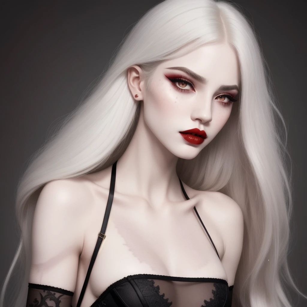 1:1 vampire girl, better_scar, veins, burn scar, scar on nose, white hair, long hair, blunt bangs, serious, vampire, pale skin, lipstick, lips, red lips, big breasts, eyeliner, bra, fangs ((solo half body portrait) high quality ((HD)) beautiful, sexy