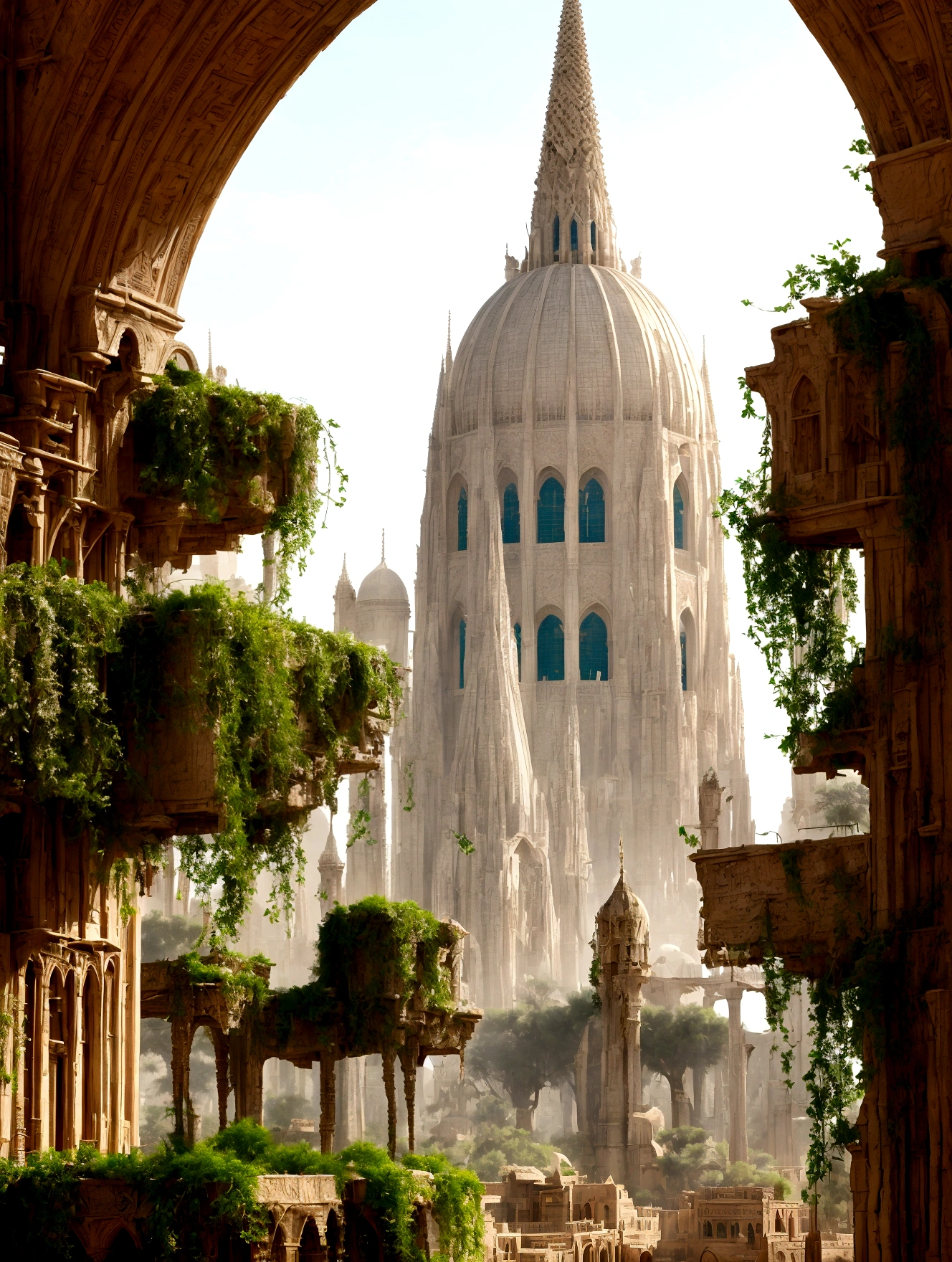 In the heart of the desert, ancient whispers echo through the gleaming spires of an shiny white city that defies time. The city is filled with beautiful intricate and interconnected canals and a lush exuberant vegetation, closeup view.