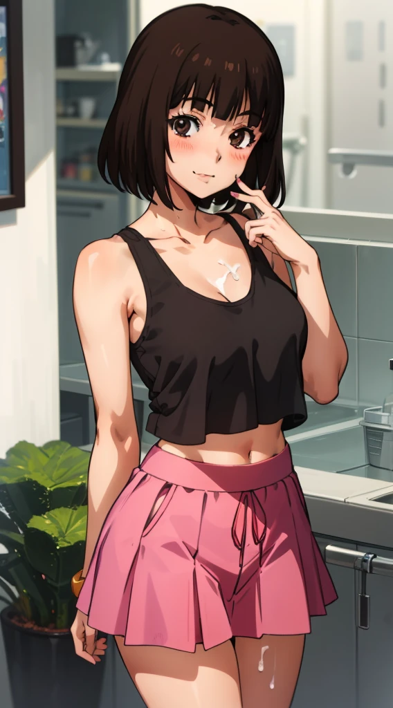 (anime:1.2), (best quality:1.1), (masterpiece:1.1), (absurdres:1.0), portrait,
1girl, kurihara chiyo, bob cut, brown hair, brown eyes, bangs, blunt bangs, medium breasts, blush, smile, happy, cute, cropped tank top, skirt, midriff, Healthy skin, cum on face, standing .