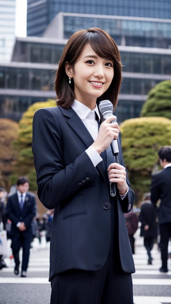 The whole body of a cute Japanese announcer holding a microphone and broadcasting outside、Caster full body photo、Down coat and slim black business pants suit、pumps、Serious expression、Broadcast in front of Tokyo Station、Midwinter、Ultra-detailed face、Masterpiece、