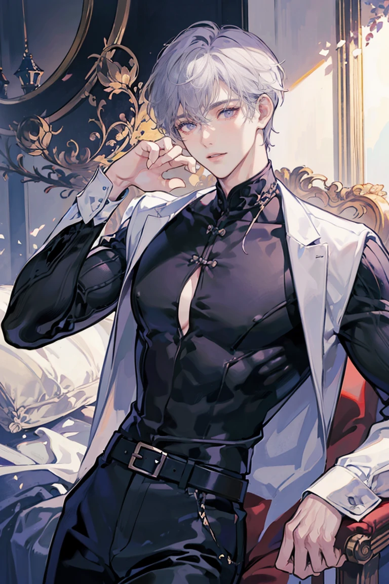 masterpiece, best quality, ultra detailed, (solo man), (male focus), ((Oblong face)), ((Square jawline)), black hair, ((hairs between eyes)), ((shoulder length)), ((narrow blue eye)), fair skin, skinny body, beauty mark, {uniform, outfit, clothes}, (nup, negligee:1.2), (Giving an insincere smile:0.7), (Frolicking with a big albino snake), on a bed, (completely nude:1.0)