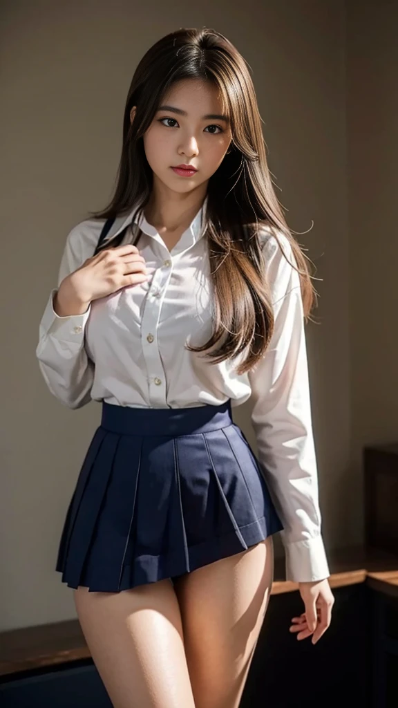 (1 girl, , BIBE), highly detailed girl, solo, ((highly detailed face)), extremely detailed CG unified 8k wallpaper, highly detailed, raw color photos, professional photography, Realistic, (slender, cleavage:0.8), ((wearing school uniform with open chest:1.45)), (looking at viewer, embarrassed:1.6, ashamed:1.45, sleeping:1.2, close eyes:1.24, upturned eyes, flustered, open mouth), dark plaid pleated skirt, bedroom,(from above lying on her back, head on a pillow, spread open legs, highthigh, black stockings, cameltoe:0.8, full body)